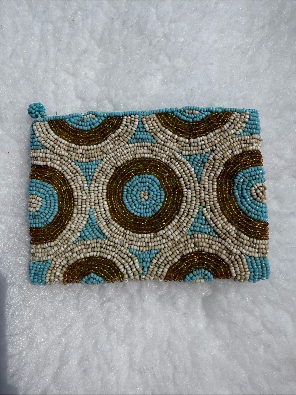 Beaded Circle Pattern Clutch - Turquoise, Cream & Gold